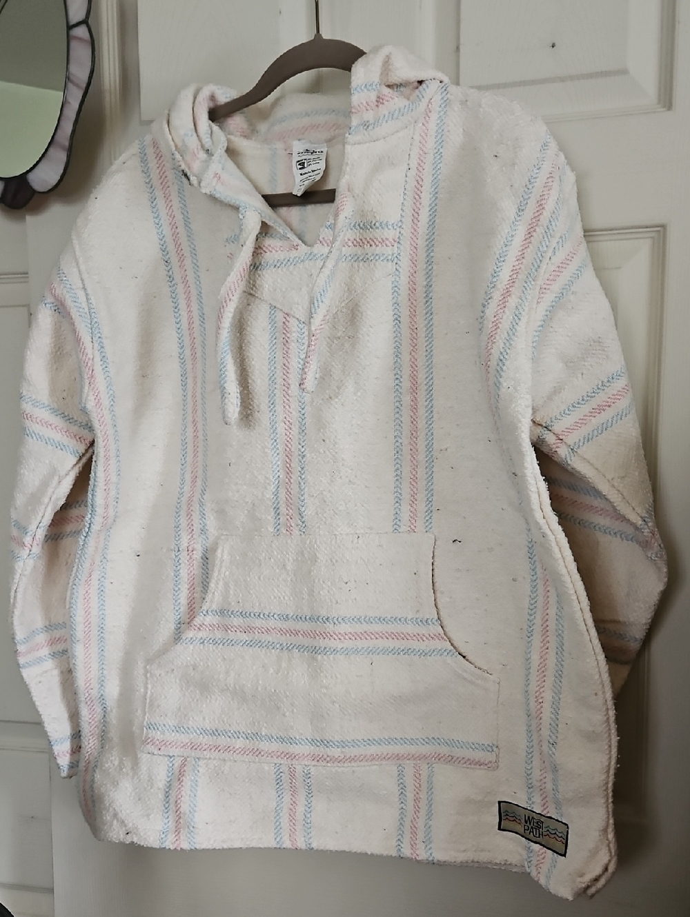 West Coast Baja Hoodie - Cream with Blue & Pink Stripes